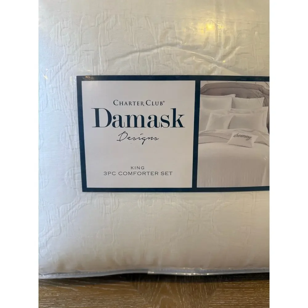Charter Club Damask King Comforter Set White 3 Pc Cotton Blend NEW $400